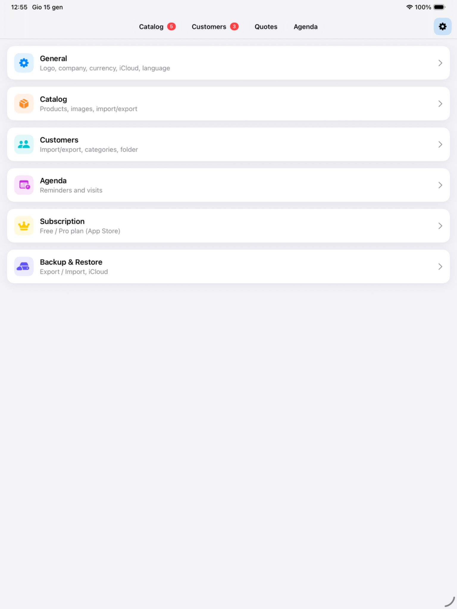 Menu impostazioni dell'app
